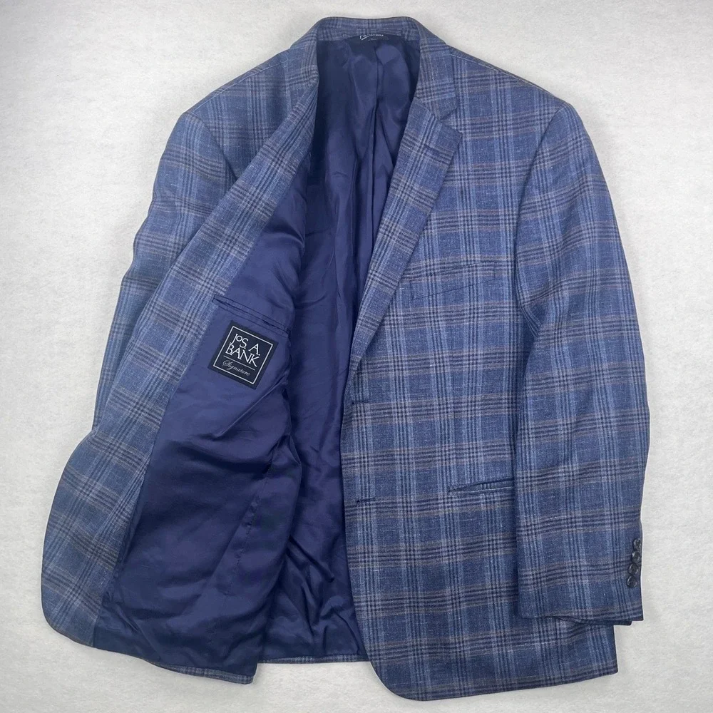 Jos A Bank Blue Glen Windowpane Plaid Silk Linen Sport Coat Tailored Fit 44R